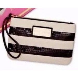 BETSEY JOHNSON Wallet Purse Sequin Black Cream Wristlet NWT Small Gift Boxed